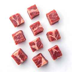 Raw goat meat cubes isolated on white background showcasing fresh protein-rich culinary ingredient ideal for cooking, stews, recipes