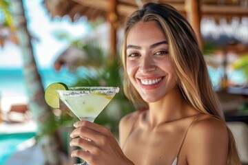 Joyful woman drinking a margarita cocktail at a tropical luxury beach resort. Smiling girl enjoying summer vacation with a salted rim lime drink in a cabana.