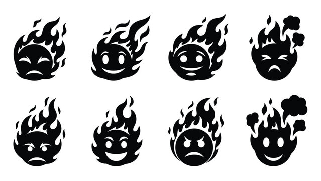 Eight flaming emojis and burning emoticons expressing distinct intense emotions like joy, sadness, and anger, rendered, isolated on white background