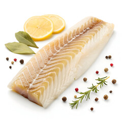 Raw cod fillet isolated on a white background showcasing fresh fish, ideal for cooking, recipes, healthy meals