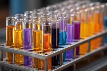 Colorful test tubes filled with vibrant liquid solutions displayed in a laboratory setting create an engaging scientific atmosphere for experimentation and analysis