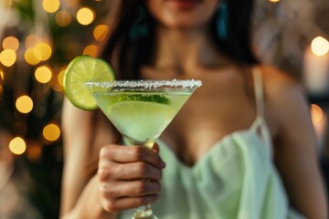 Close-up of a Vibrant Lime Margarita Cocktail with Salt Rim, Held by an Elegant Woman in a Green Dress at a Night Party or Bar, Featuring Warm Golden Bokeh Lights