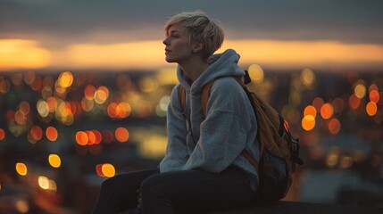 A cinematic portrait of a person sitting on a rooftop at sunset, gazing thoughtfully into the distance with soft city lights glowing in the background. Ideal for themes of reflection, solitude, 