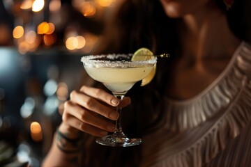Close-up of a woman's hand holding a classic Margarita with a lime garnish and salt rim, illuminated by golden bokeh lights in a trendy, luxurious cocktail bar at night.