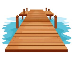 Cartoon-style wooden dock leading to water's edge. Perspective from ground. Isolated on white