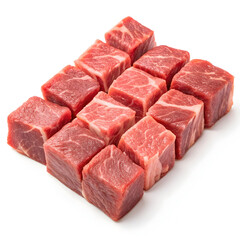 Raw goat meat cubes isolated on white background showcasing fresh protein-rich culinary ingredient ideal for cooking, stews, recipes