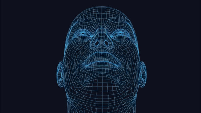Three dimensional wireframe grid of a human head looking upwards.