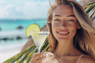 Happy young blonde woman with a beautiful smile enjoying a fresh Margarita cocktail on a luxurious tropical beach vacation during sunny summer holidays.