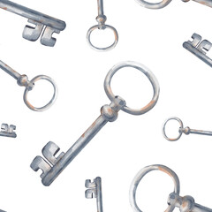 Seamless pattern with old rusty keys on an isolated background. Watercolor illustration with vintage objects. A template with realistic keys for wallpaper design, packaging, textiles.
