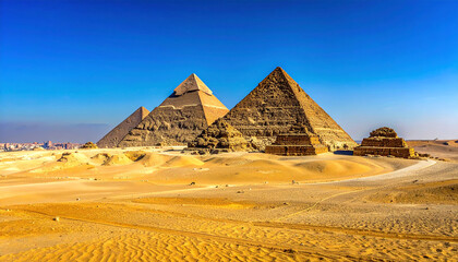 Majestic Egyptian pyramids towering above sweeping desert sands beneath vibrant clear blue sky