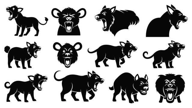 Fierce aggressive wild animals roaring and snarling, displaying sharp teeth in various dynamic poses, a flat vector, isolated on white background