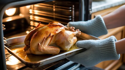 Homemade Roasted Chicken Being Removed from Oven
