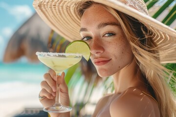 Close-up portrait of a gorgeous blonde woman with freckles wearing a summer straw hat, enjoying a salty Margarita cocktail by the turquoise tropical ocean.