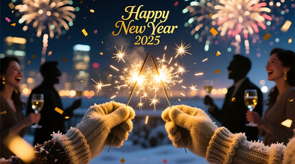 Joyful celebration of happy new year 2025 with sparkling fireworks illuminating the night sky and silhouetted figures holding sparklers and champagne glasses in a festive urban setting