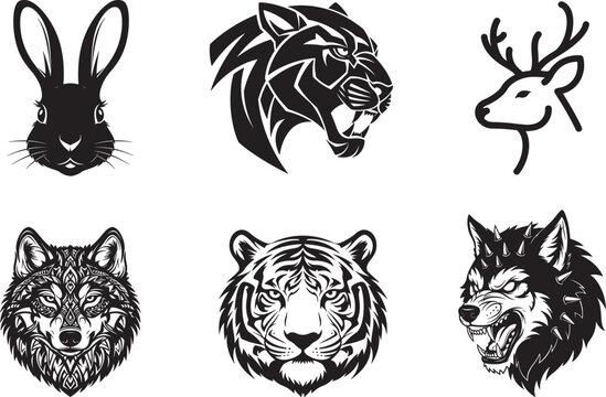 Six black and white animal head illustrations on white background rabbit deer