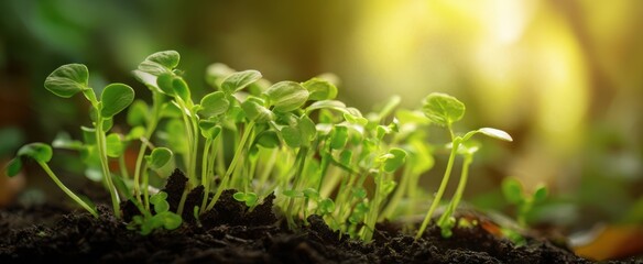 Obraz premium The seedlings bathed in golden sunlight emerging from rich fertile soil at dawn