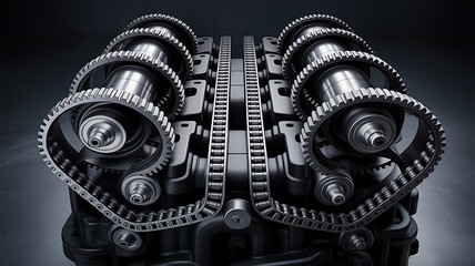 High-Precision Engine Camshaft and Gear Mechanism Close-Up
