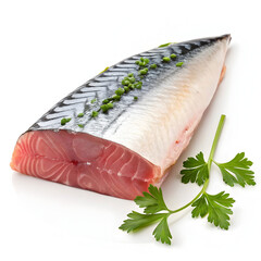 Raw mackerel fillet isolated on white background showcasing fresh fish, ideal for cooking, healthy meals, recipes