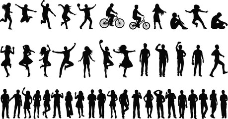 Human silhouette poses collection, running, jumping, dancing, sitting, gesturing, casual standing, expressive movement illustration, body language study, flat vector