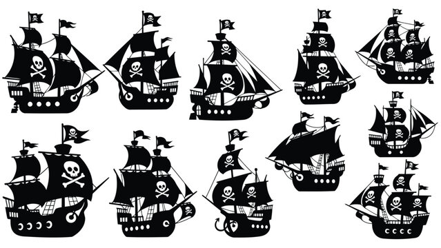 Black silhouette pirate ships collection featuring skull and crossbones flags on masts and sails, presented as a clean, isolated on white background