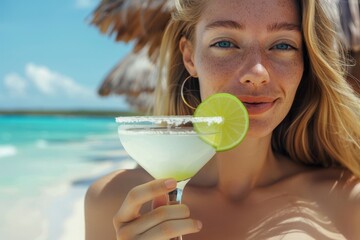 Happy young blonde woman with freckles enjoying a refreshing Margarita cocktail on a tropical beach vacation. Summer resort lifestyle, close-up with turquoise water background.