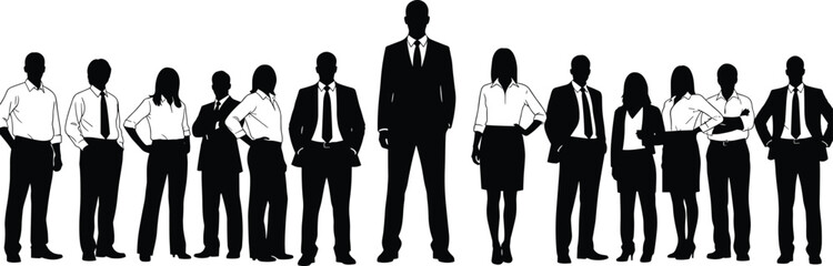 Business team silhouette lineup, corporate professionals standing, leadership concept, teamwork structure, office staff illustration, hierarchy symbol, flat vector