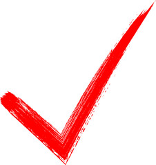 A bold red check mark against a solid black background confirmation symbol