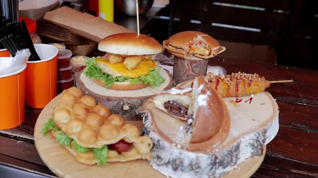 Stacked burger and waffle on board, street food stall serving plated sweets and sauces, close view of texture, colorful cups and condiments, lively festival vibe
