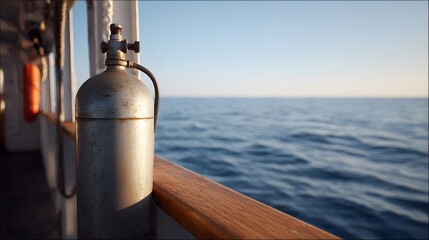An old rusty scuba air tank is positioned on the weathered wooden deck of a boat with the vast blue ocean and clear sky in the background