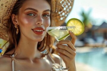 Close-up portrait of a gorgeous young woman in a straw hat smiling, holding a refreshing Margarita cocktail with a salt rim and lime slice by a sunny luxury resort pool.