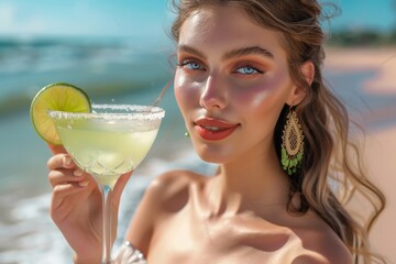 Stunning young woman with bright blue eyes enjoying a refreshing lime Margarita cocktail on a sunny luxury beach vacation. Summer resort party and beauty concept.