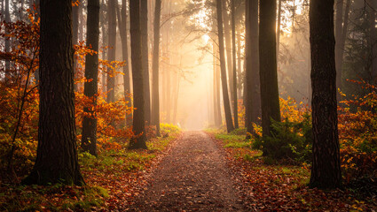 Obraz premium Forest Path with Autumn Leaves and Foggy Sunrise