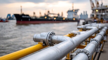 Industrial port scene with focus on piping and cargo ships during twilight hours