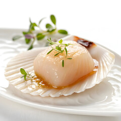 Raw scallop single piece isolated on white background showcasing fresh seafood ingredient ideal for cooking, recipes, gourmet dishes