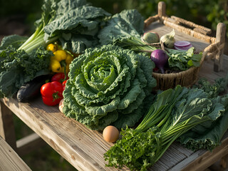 A collection of freshly harvested vegetables including carrots, tomatoes, leafy greens, and other produce arranged on rustic wood outdoors