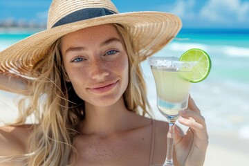 Cheerful young blonde woman enjoying a tropical vacation, holding a refreshing Margarita cocktail with lime and salt rim on a sunny white sand beach.