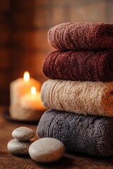 A serene spa setup featuring soft towels and natural decor, bathed in warm tones to create a relaxing atmosphere.