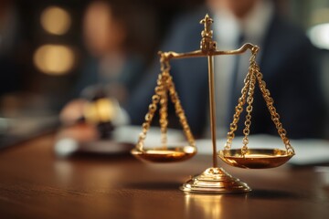 Golden scales of justice symbolize fairness and equality in a court setting with blurred figures representing legal professionals in the background during a trial or hearing