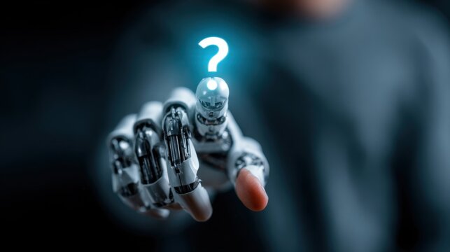 Robot hand pointing at glowing question mark