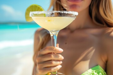 Woman enjoying a classic Margarita cocktail on a tropical white sand beach against a vibrant turquoise ocean background, celebrating summer vacation and luxury travel.