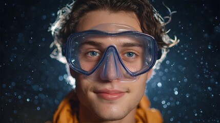 A young man wearing a blue diving mask smiles at the with water droplets in the background