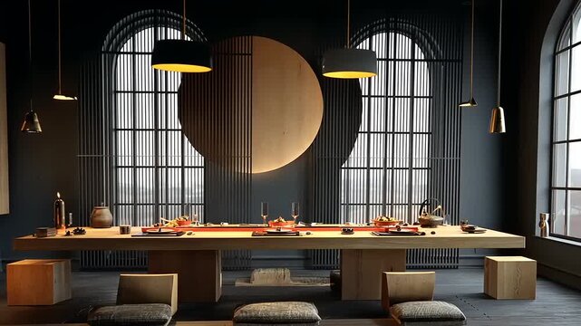 Elegant dining space with dark walls, arched windows, and a large wooden table set for a feast