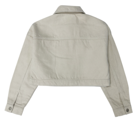 Back view of a light beige cropped denim jacket isolated on transparent background