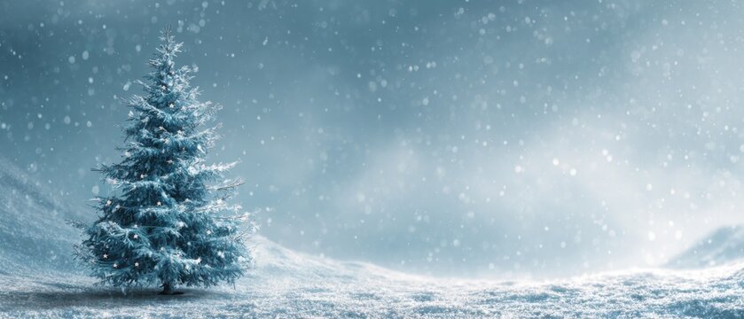Snow covered Christmas tree in peaceful winter landscape with soft falling snow and icy blue background - Powered by Adobe