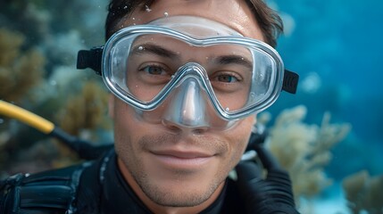 A close up portrait of a man in a scuba mask smiling underwater amidst a coral reef