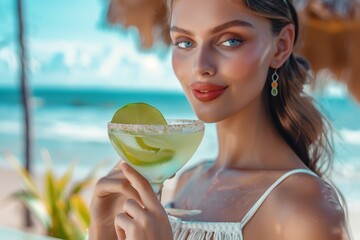 Close-up portrait of a gorgeous woman holding a chilled Margarita cocktail on a sunny tropical beach against a turquoise ocean background, symbolizing luxury summer travel and relaxation.