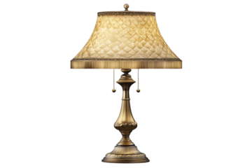 Ornate brass table lamp with decorative lampshade isolated on transparent background