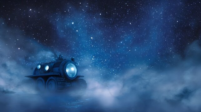 Futuristic submersible vehicle travels through a misty starlit night sky