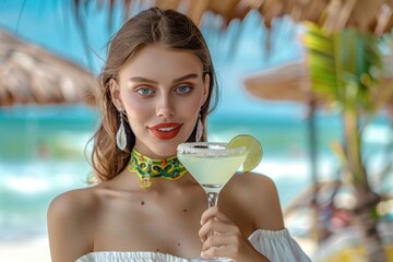 Portrait of a beautiful young woman with red lipstick and stylish choker holding a refreshing Margarita cocktail against a vivid turquoise tropical beach and resort background.