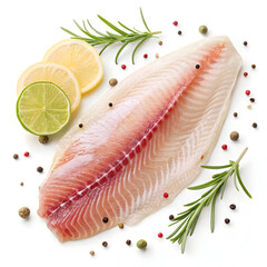 Raw tilapia fillet isolated on white background showcasing fresh fish ingredient ideal for cooking, healthy meals, recipes,